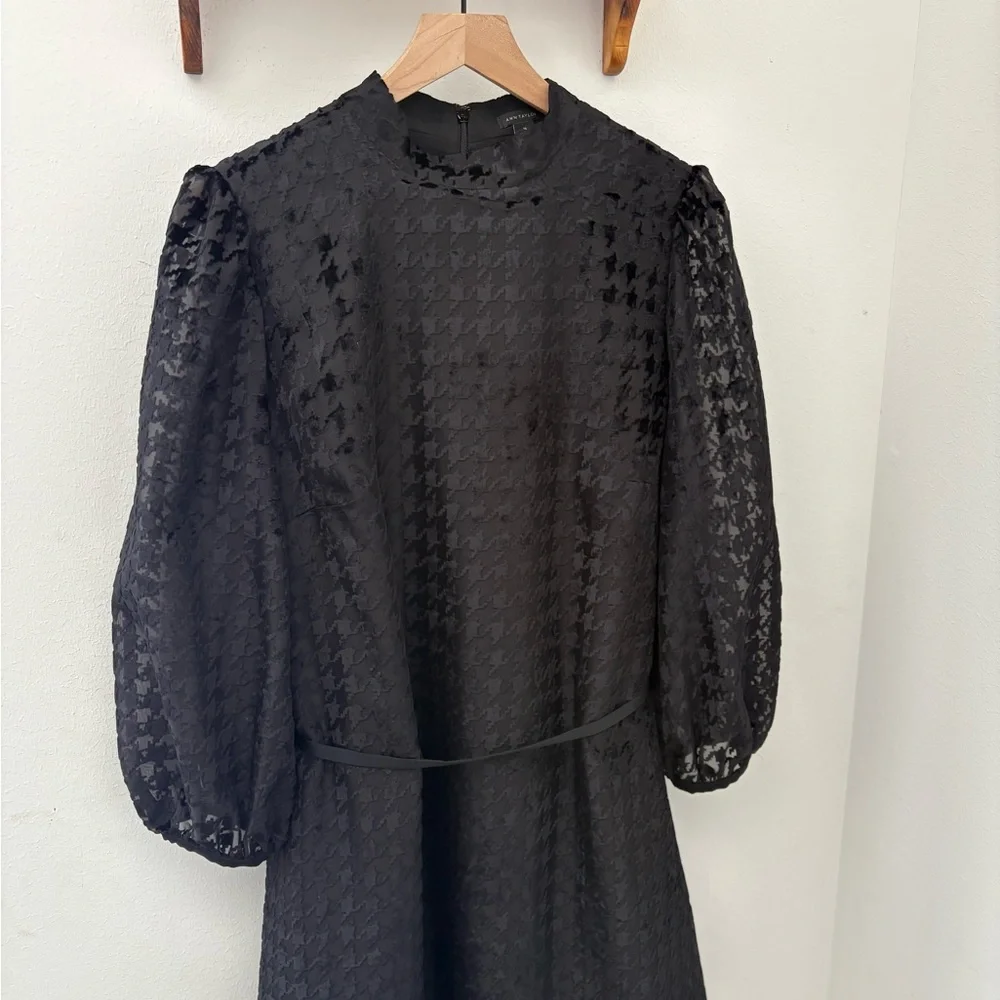 Ann Taylor NWT Black Houndstooth Sheer Sleeve A-Line Belted Dress Size 16 - Picture 3 of 11